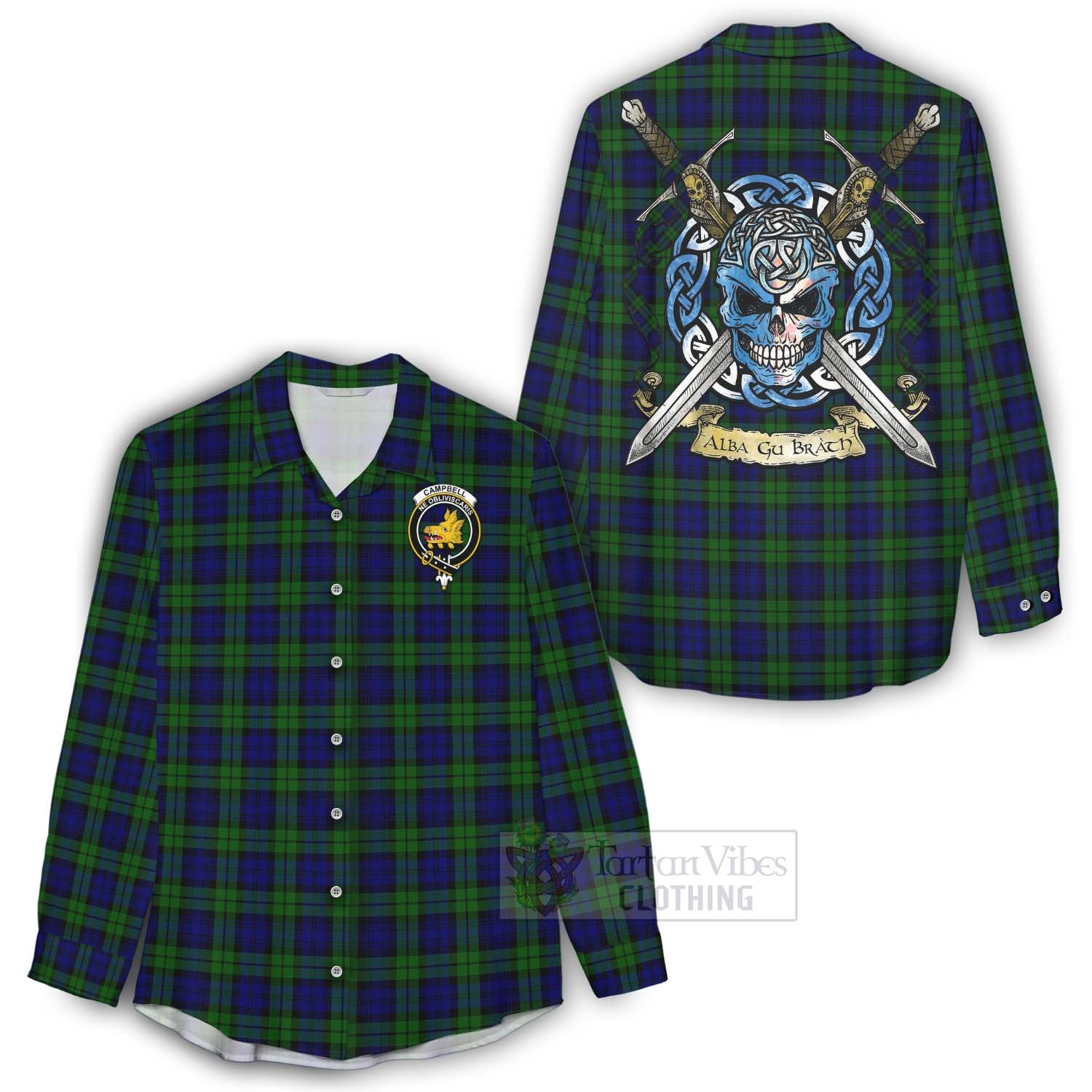 Tartan Vibes Clothing Campbell Tartan Women's Casual Shirt with Family Crest Celtic Skull Style