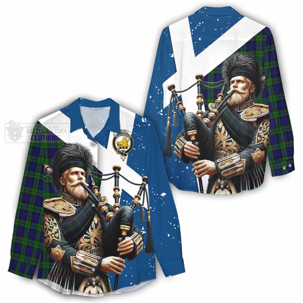 Tartan Vibes Clothing Campbell Tartan Women's Casual Shirt with Family Crest Scottish Bagpiper Vibes