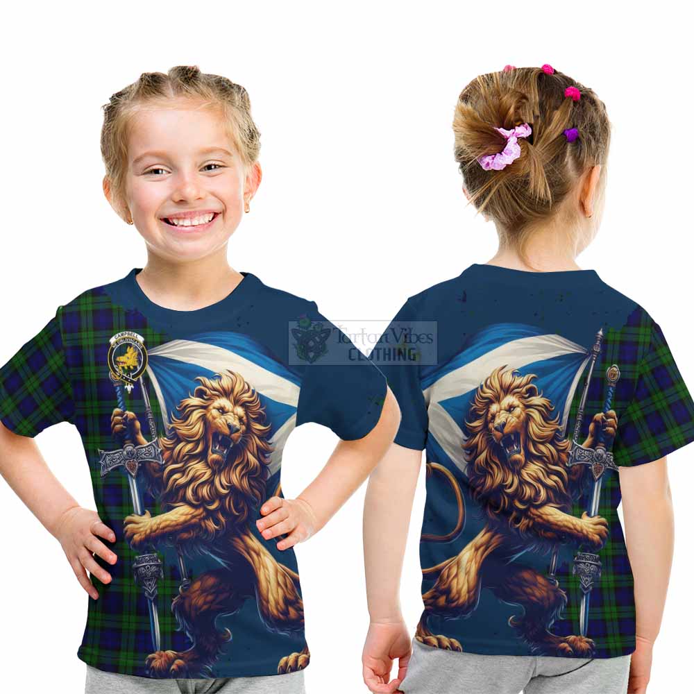 Tartan Vibes Clothing Campbell Tartan Family Crest Kid T-Shirt with Scottish Majestic Lion