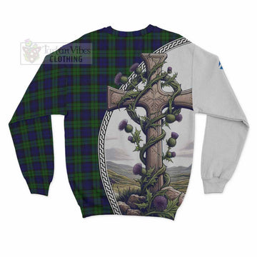 Campbell Tartan Sweatshirt with Family Crest and St. Andrew's Cross Accented by Thistle Vines