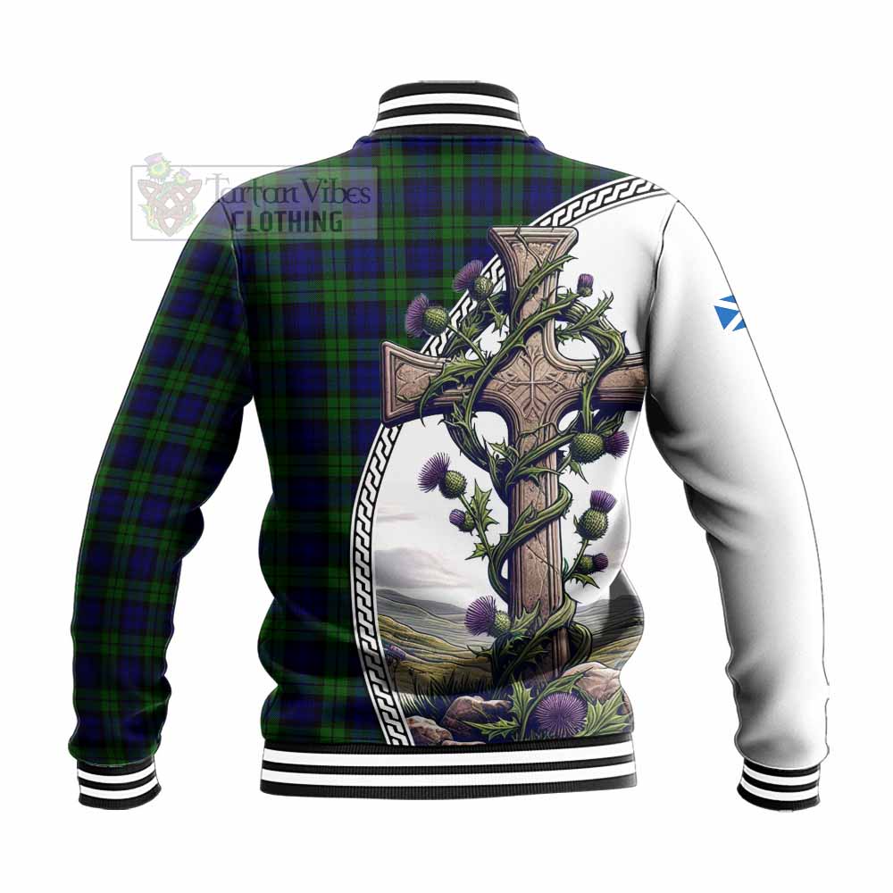 Tartan Vibes Clothing Campbell Tartan Baseball Jacket with Family Crest and St. Andrew's Cross Accented by Thistle Vines