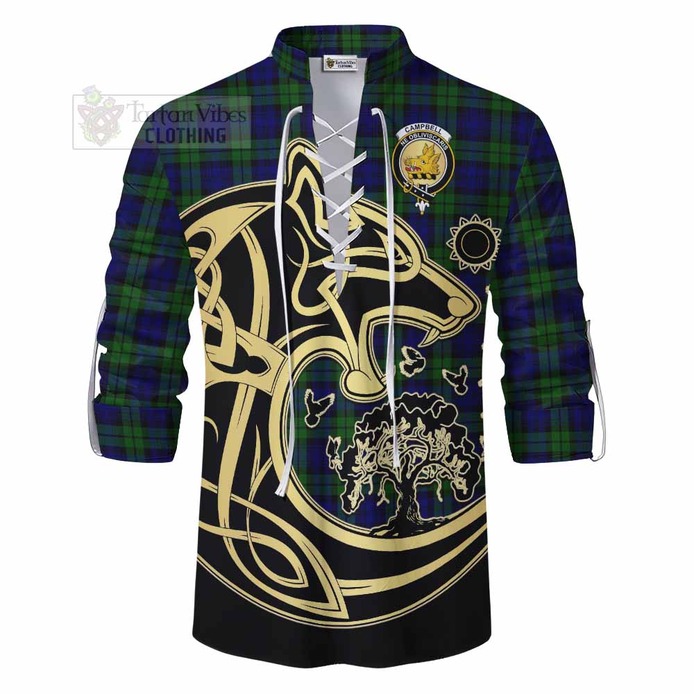 Tartan Vibes Clothing Campbell Tartan Ghillie Kilt Shirt with Family Crest Celtic Wolf Style