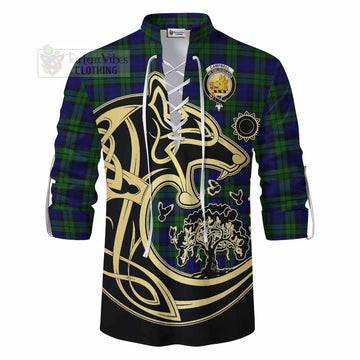 Campbell Tartan Ghillie Kilt Shirt with Family Crest Celtic Wolf Style