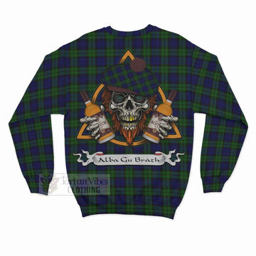 Campbell Tartan Sweatshirt with Family Crest and Bearded Skull Holding Bottles of Whiskey