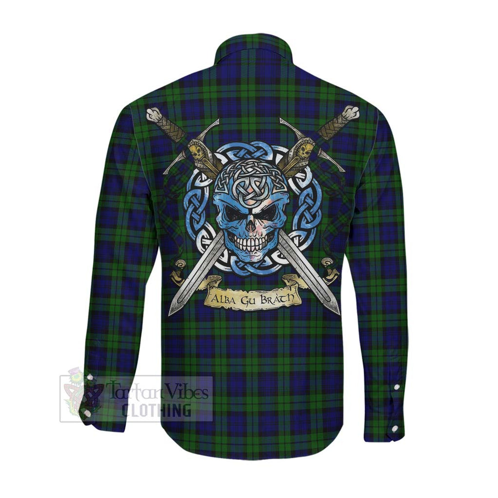 Tartan Vibes Clothing Campbell Tartan Long Sleeve Button Shirt with Family Crest Celtic Skull Style