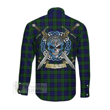 Campbell Tartan Long Sleeve Button Shirt with Family Crest Celtic Skull Style