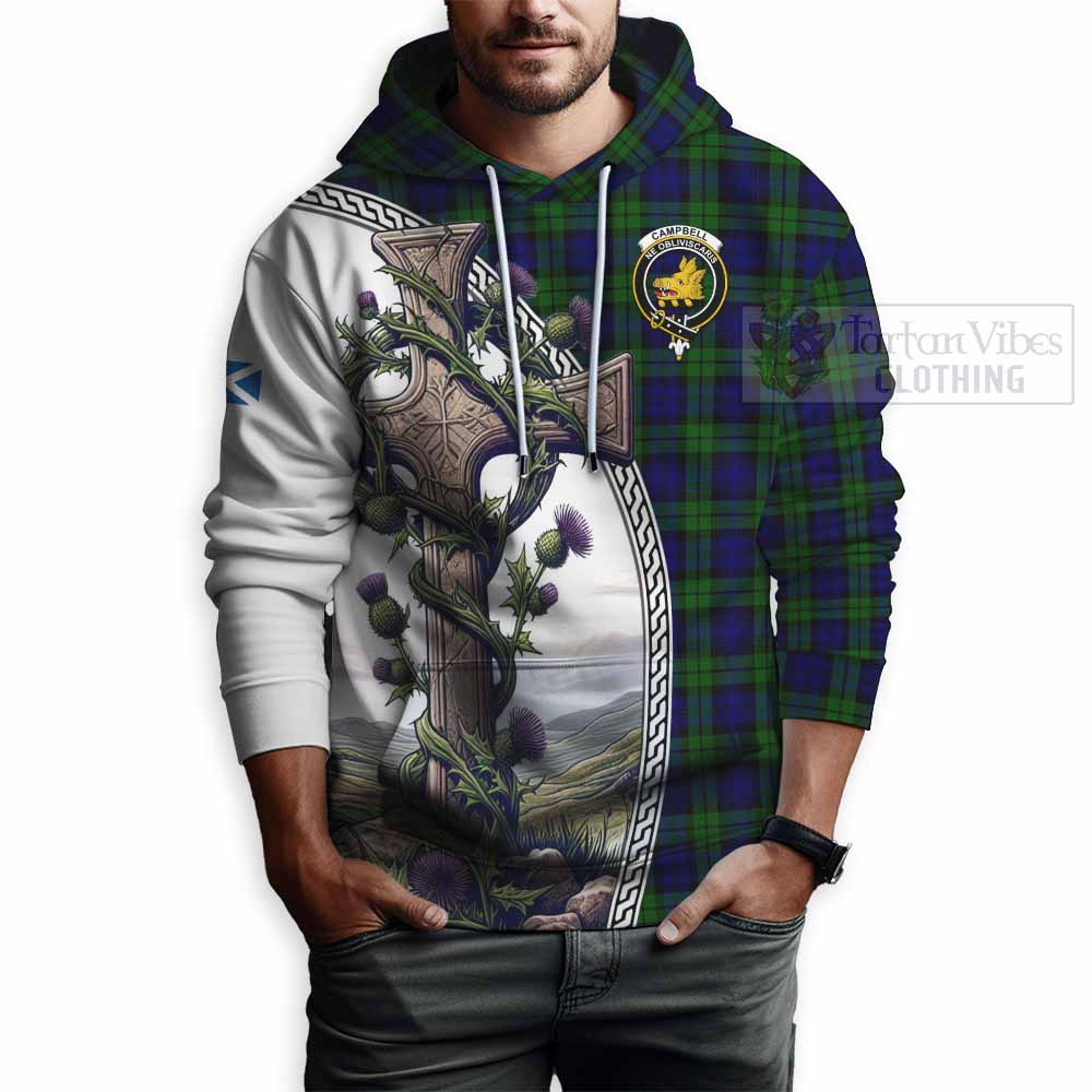 Tartan Vibes Clothing Campbell Tartan Hoodie with Family Crest and St. Andrew's Cross Accented by Thistle Vines