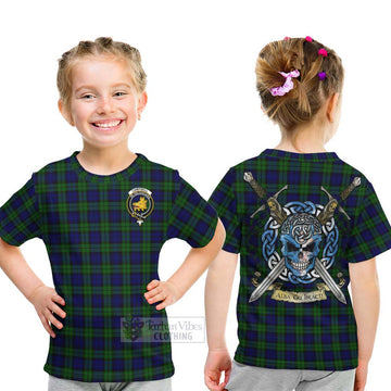 Campbell Tartan Kid T-Shirt with Family Crest Celtic Skull Style