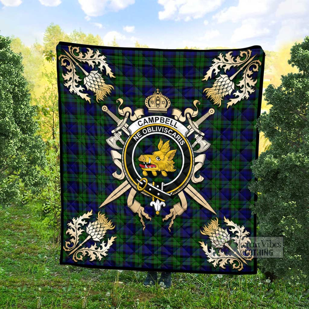 Tartan Vibes Clothing Campbell Tartan Quilt with Family Crest and Scottish Golden Courage Shield