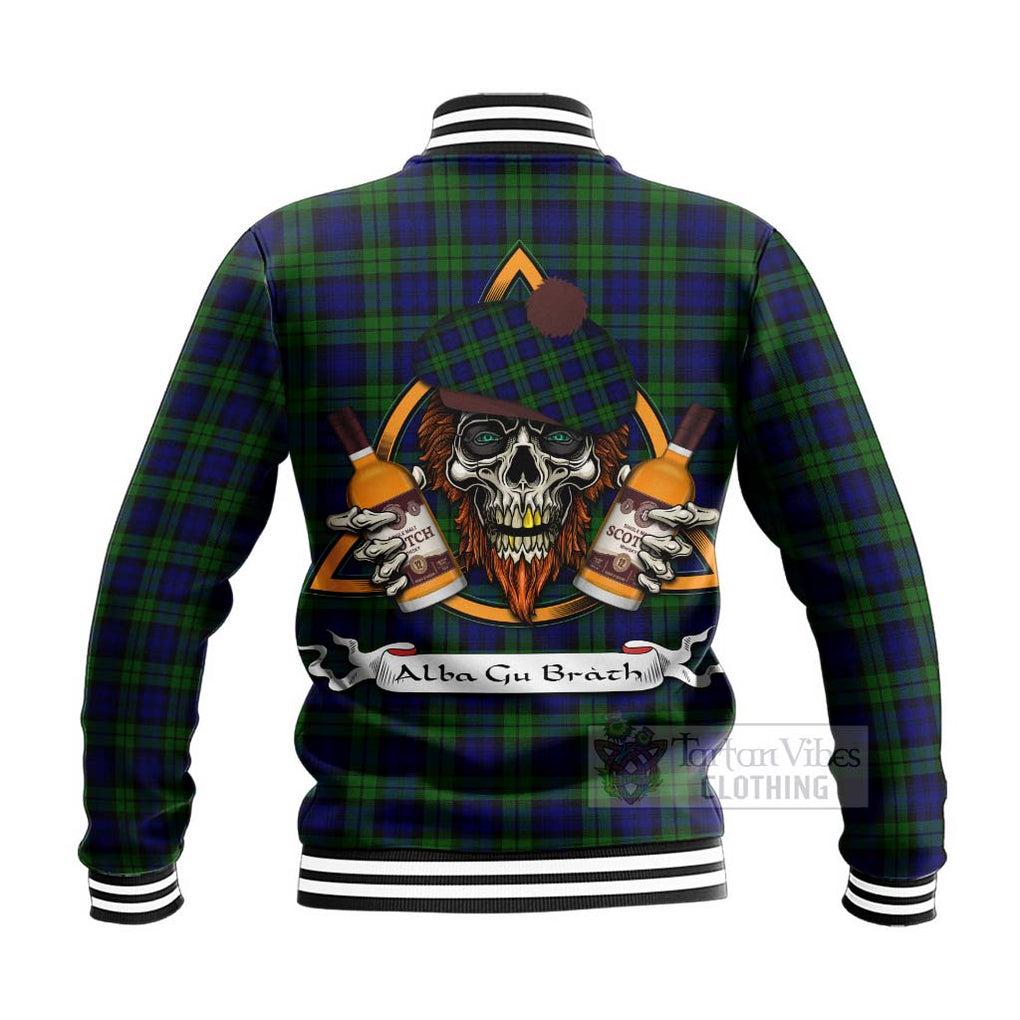 Tartan Vibes Clothing Campbell Tartan Baseball Jacket with Family Crest and Bearded Skull Holding Bottles of Whiskey