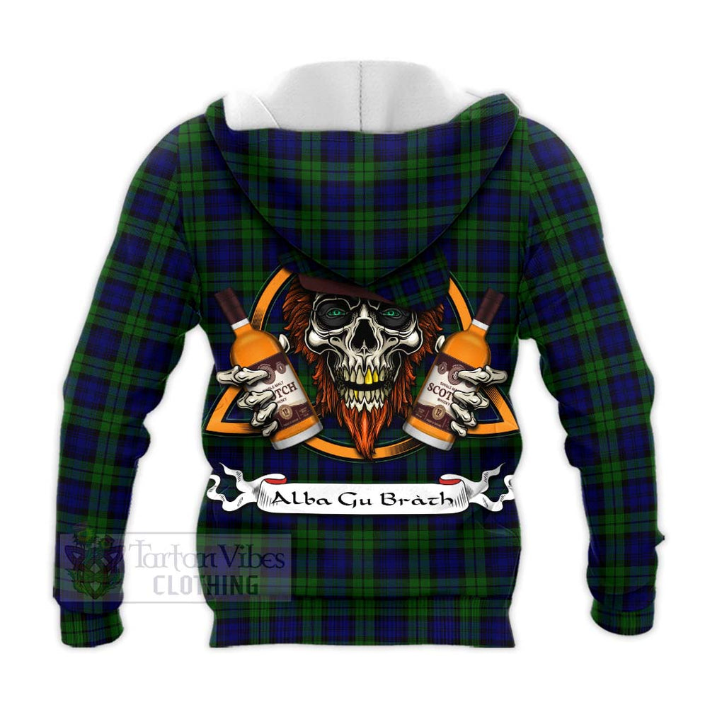 Tartan Vibes Clothing Campbell Tartan Knitted Hoodie with Family Crest and Bearded Skull Holding Bottles of Whiskey