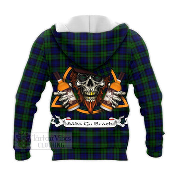 Campbell Tartan Knitted Hoodie with Family Crest and Bearded Skull Holding Bottles of Whiskey