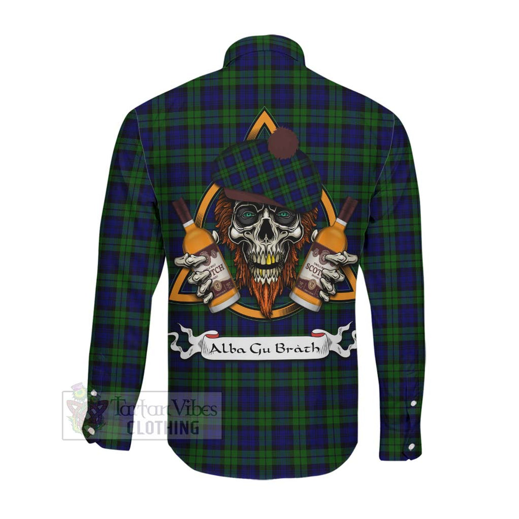 Tartan Vibes Clothing Campbell Tartan Long Sleeve Button Shirt with Family Crest and Bearded Skull Holding Bottles of Whiskey