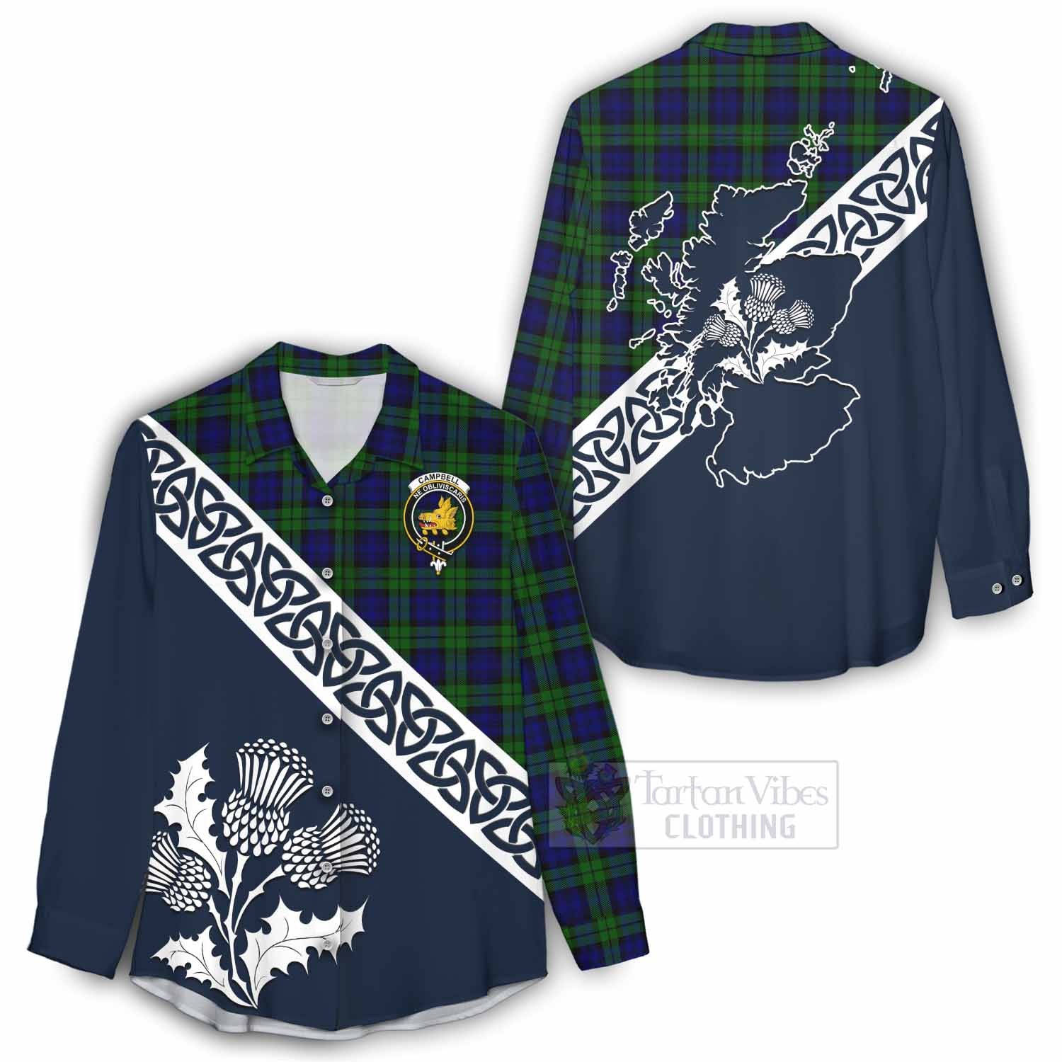 Tartan Vibes Clothing Campbell Tartan Women's Casual Shirt Featuring Thistle and Scotland Map