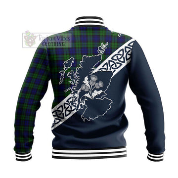 Campbell Tartan Baseball Jacket Featuring Thistle and Scotland Map