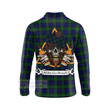 Campbell Tartan Long Sleeve Polo Shirt with Family Crest and Bearded Skull Holding Bottles of Whiskey