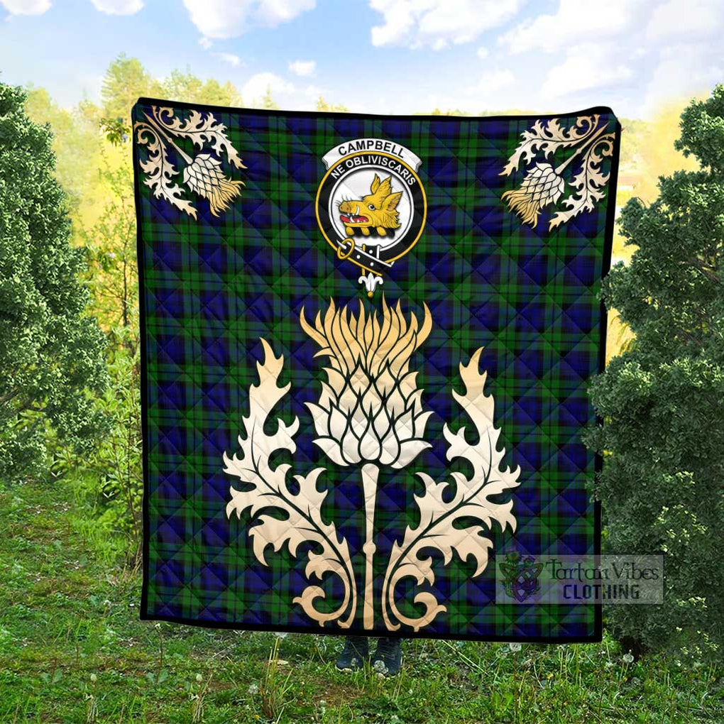 Tartan Vibes Clothing Campbell Tartan Quilt with Family Crest and Golden Thistle Style