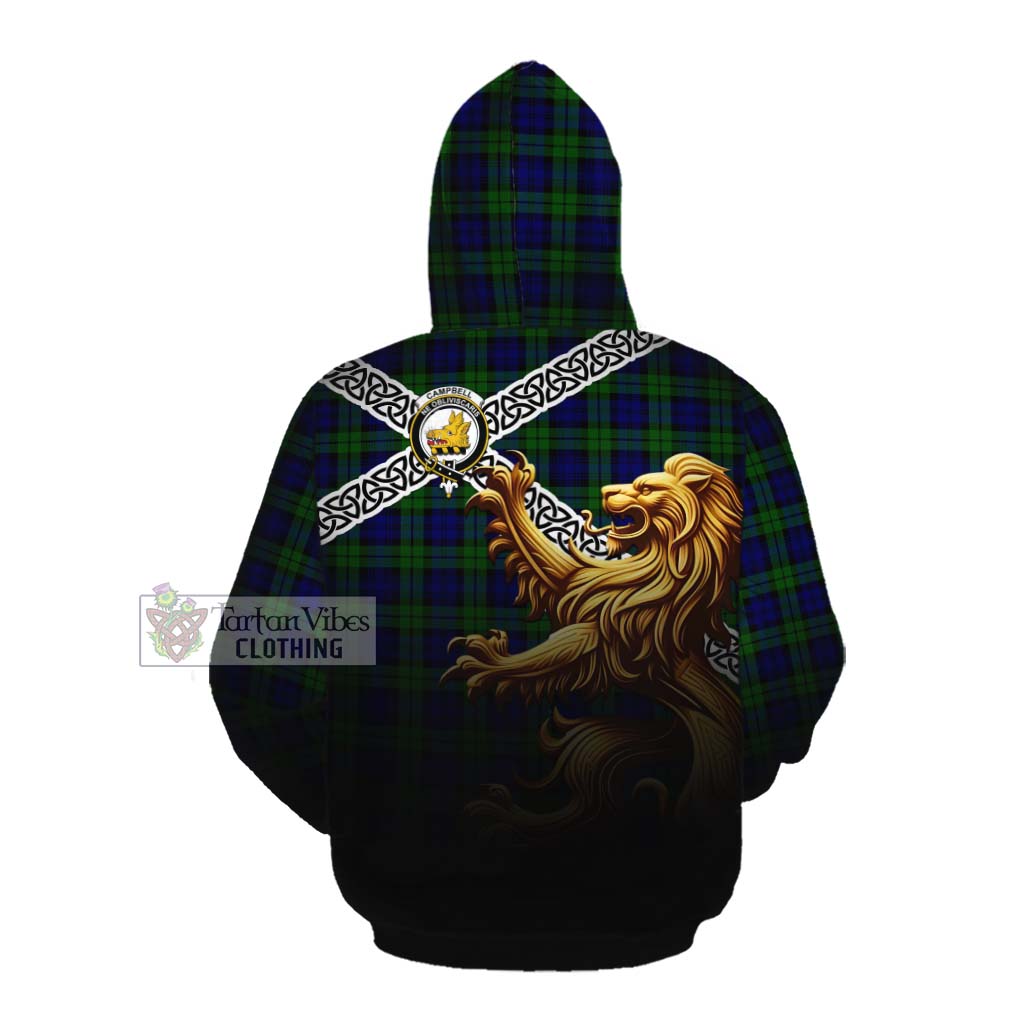 Campbell Crest Tartan Cotton Hoodie with Golden Lion Emblem Celtic Style Pullover Hoodie - Tartan Vibes Clothing