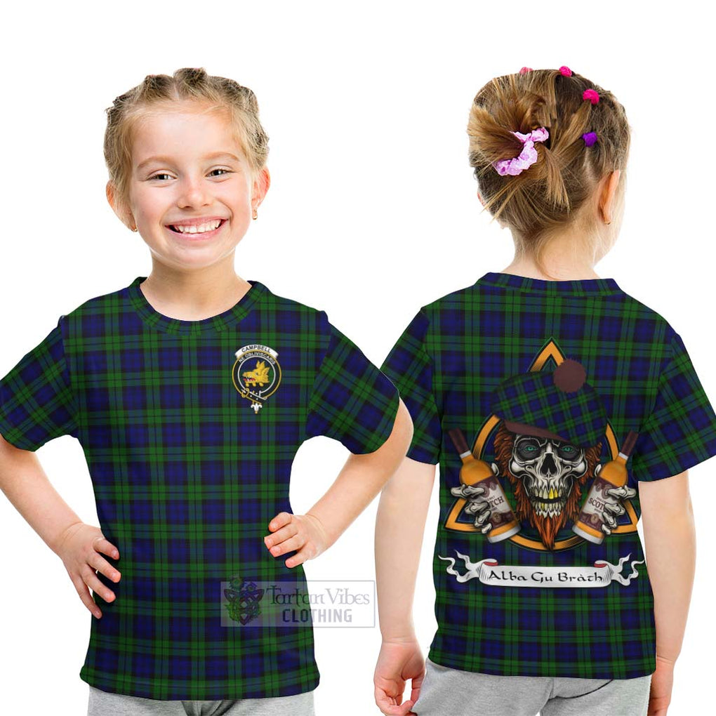 Tartan Vibes Clothing Campbell Tartan Kid T-Shirt with Family Crest and Bearded Skull Holding Bottles of Whiskey