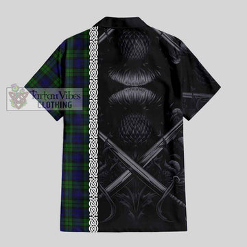 Campbell Tartan Short Sleeve Button Shirt with Family Crest Cross Sword Thistle Celtic Vibes