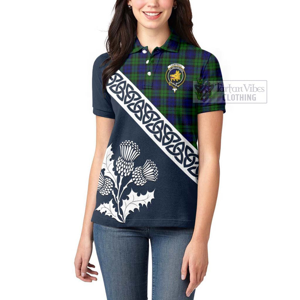 Tartan Vibes Clothing Campbell Tartan Women's Polo Shirt Featuring Thistle and Scotland Map