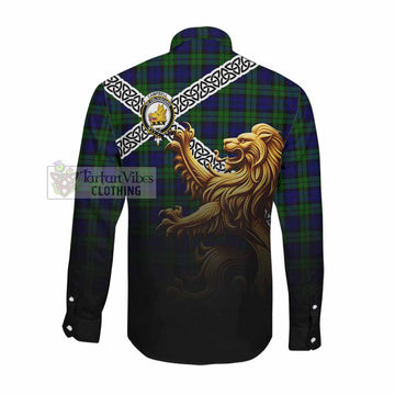 Campbell Crest Tartan Long Sleeve Button Shirt with Golden Lion Emblem Celtic Style Men's Shirt - Tartan Vibes Clothing