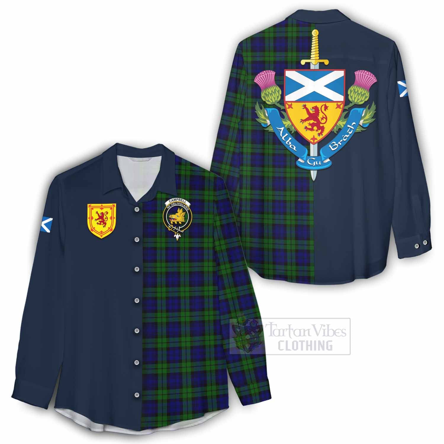 Tartan Vibes Clothing Campbell Tartan Women's Casual Shirt Alba with Scottish Lion Royal Arm Half Style