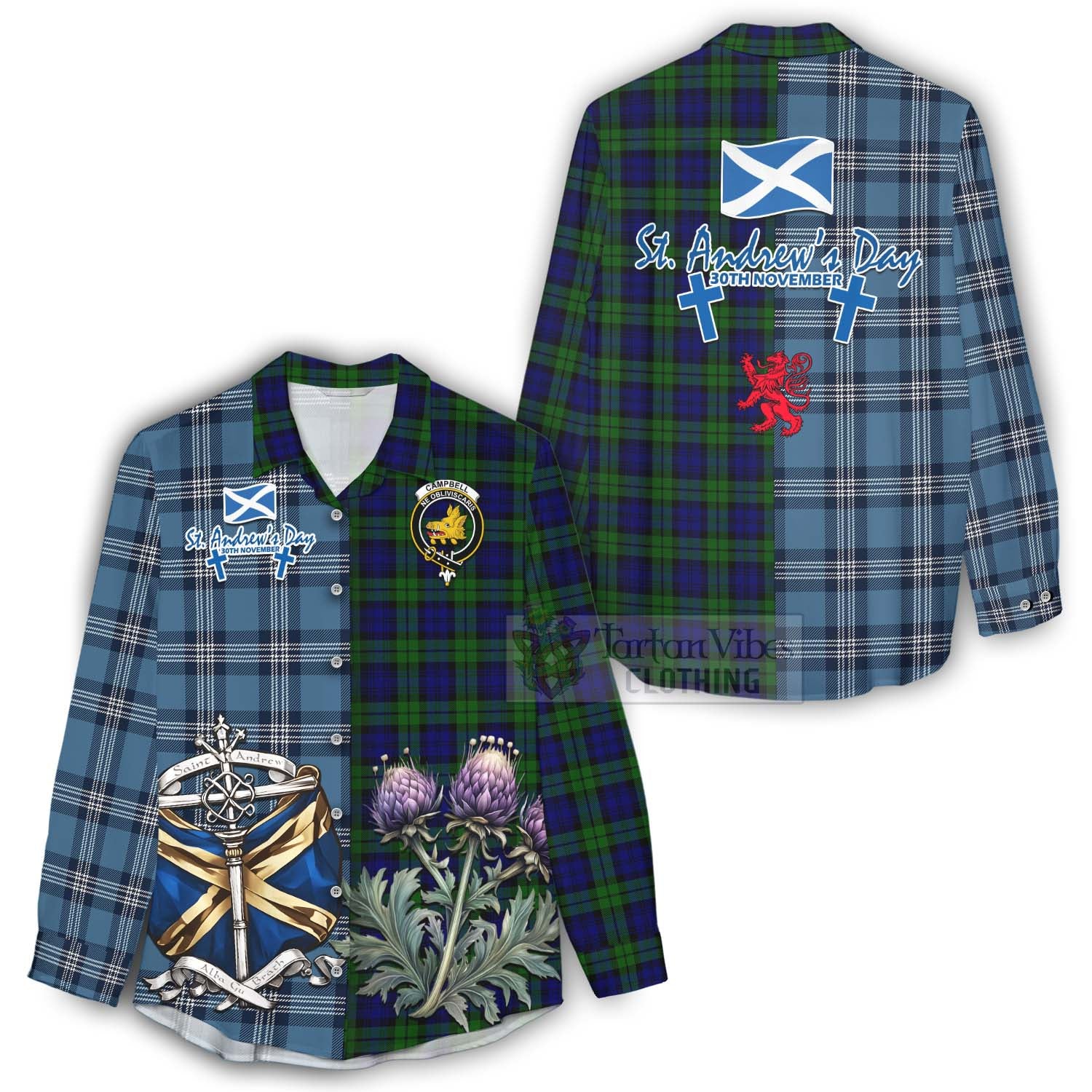 Tartan Vibes Clothing Campbell Tartan Women's Casual Shirt Happy St. Andrew's Day Half Tartan Style