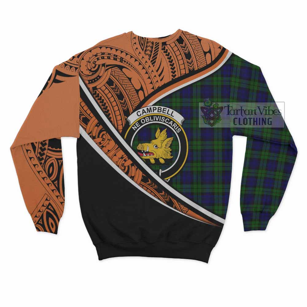 Tartan Vibes Clothing Campbell Crest Tartan Sweatshirt with Maori Tattoo Style - Orange Version