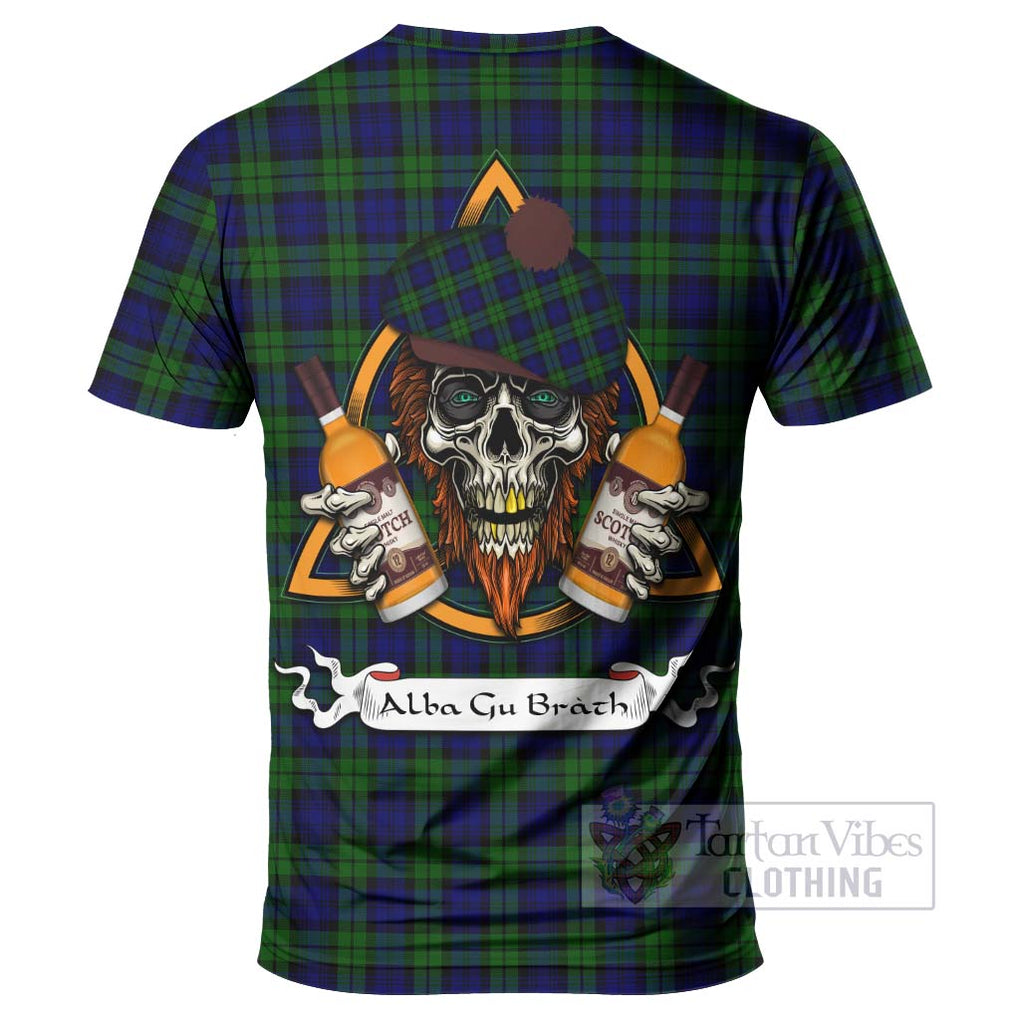 Tartan Vibes Clothing Campbell Tartan T-Shirt with Family Crest and Bearded Skull Holding Bottles of Whiskey