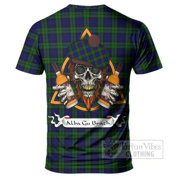 Campbell Tartan T-Shirt with Family Crest and Bearded Skull Holding Bottles of Whiskey