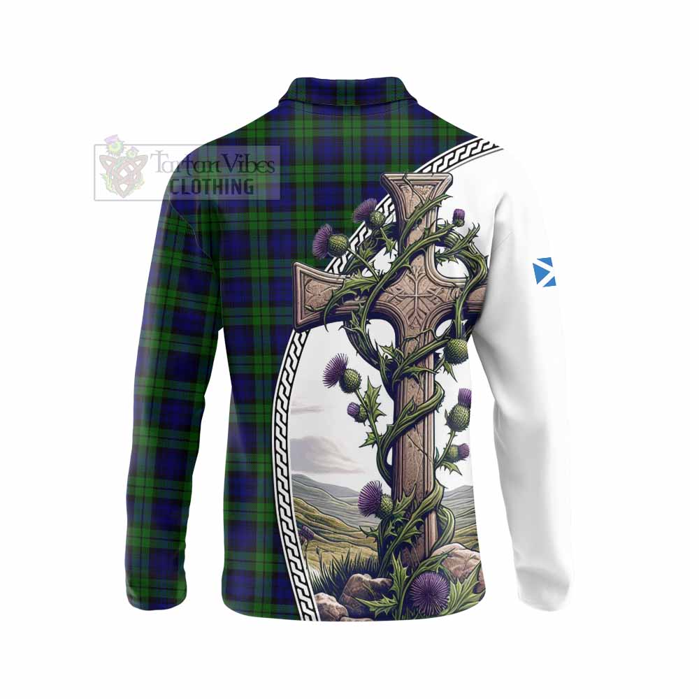 Tartan Vibes Clothing Campbell Tartan Long Sleeve Polo Shirt with Family Crest and St. Andrew's Cross Accented by Thistle Vines