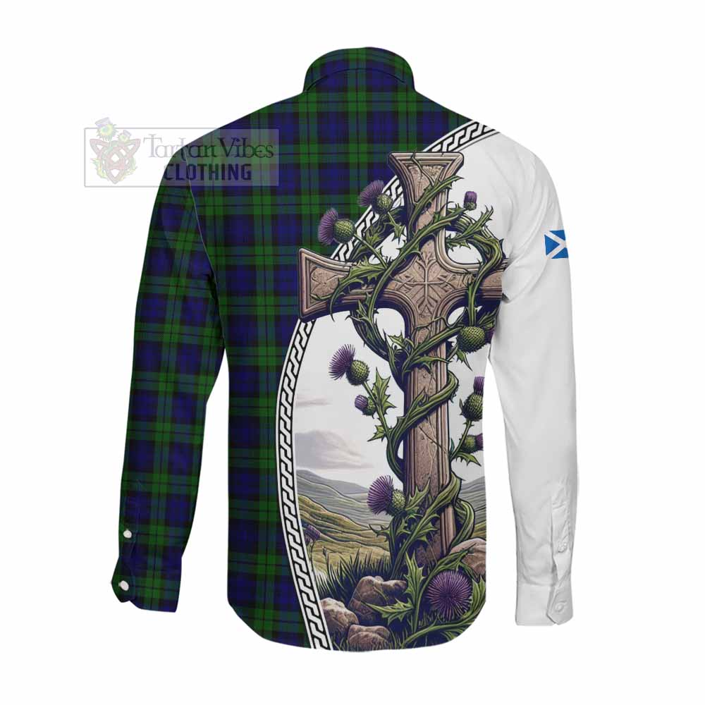 Tartan Vibes Clothing Campbell Tartan Long Sleeve Button Shirt with Family Crest and St. Andrew's Cross Accented by Thistle Vines