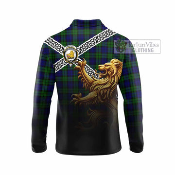 Campbell Crest Tartan Long Sleeve Polo Shirt with Golden Lion Emblem Celtic Style - Tartan Vibes Clothing