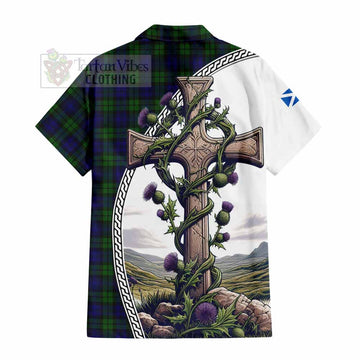 Campbell Tartan Short Sleeve Button Shirt with Family Crest and St. Andrew's Cross Accented by Thistle Vines