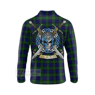 Campbell Tartan Long Sleeve Polo Shirt with Family Crest Celtic Skull Style