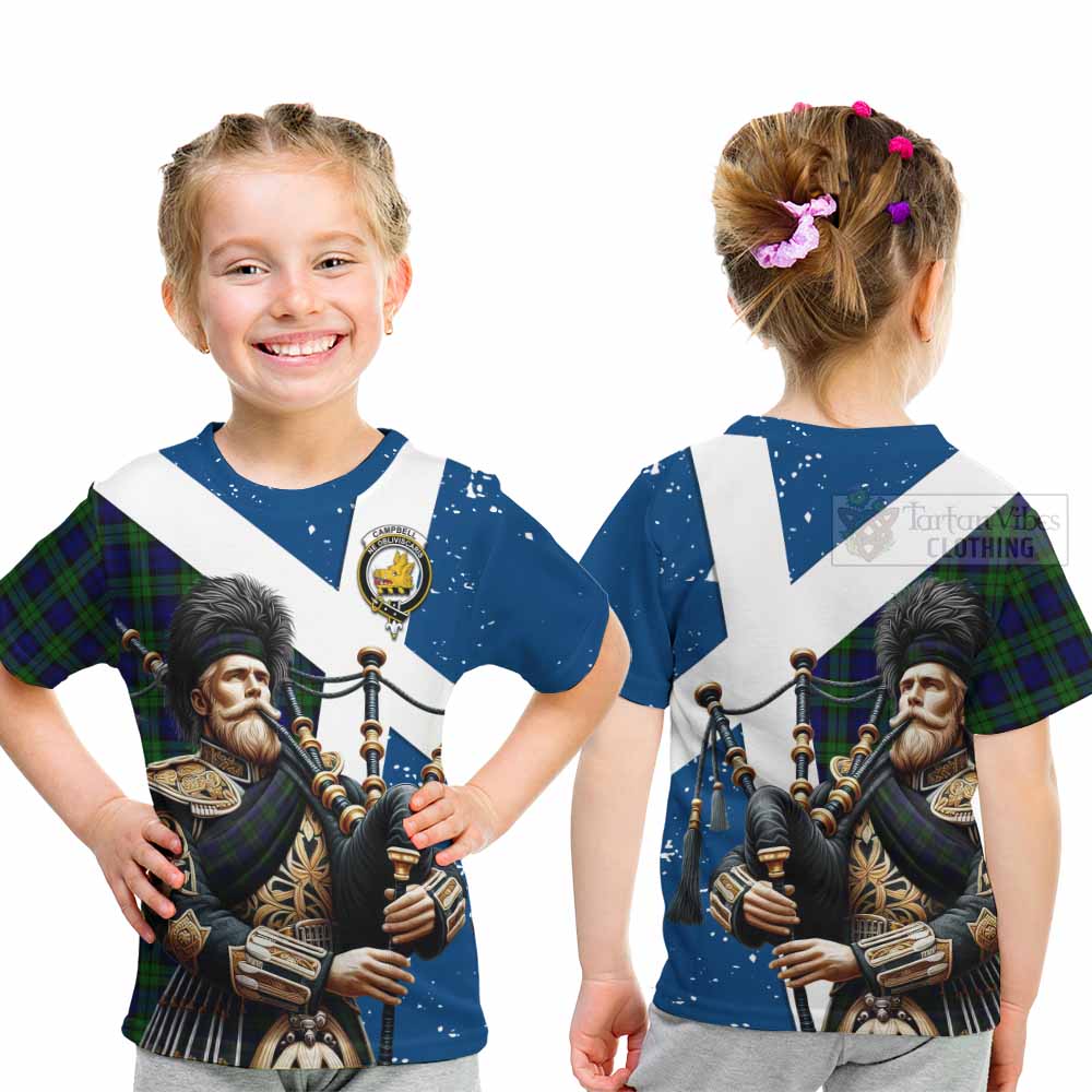 Tartan Vibes Clothing Campbell Tartan Kid T-Shirt with Family Crest Scottish Bagpiper Vibes