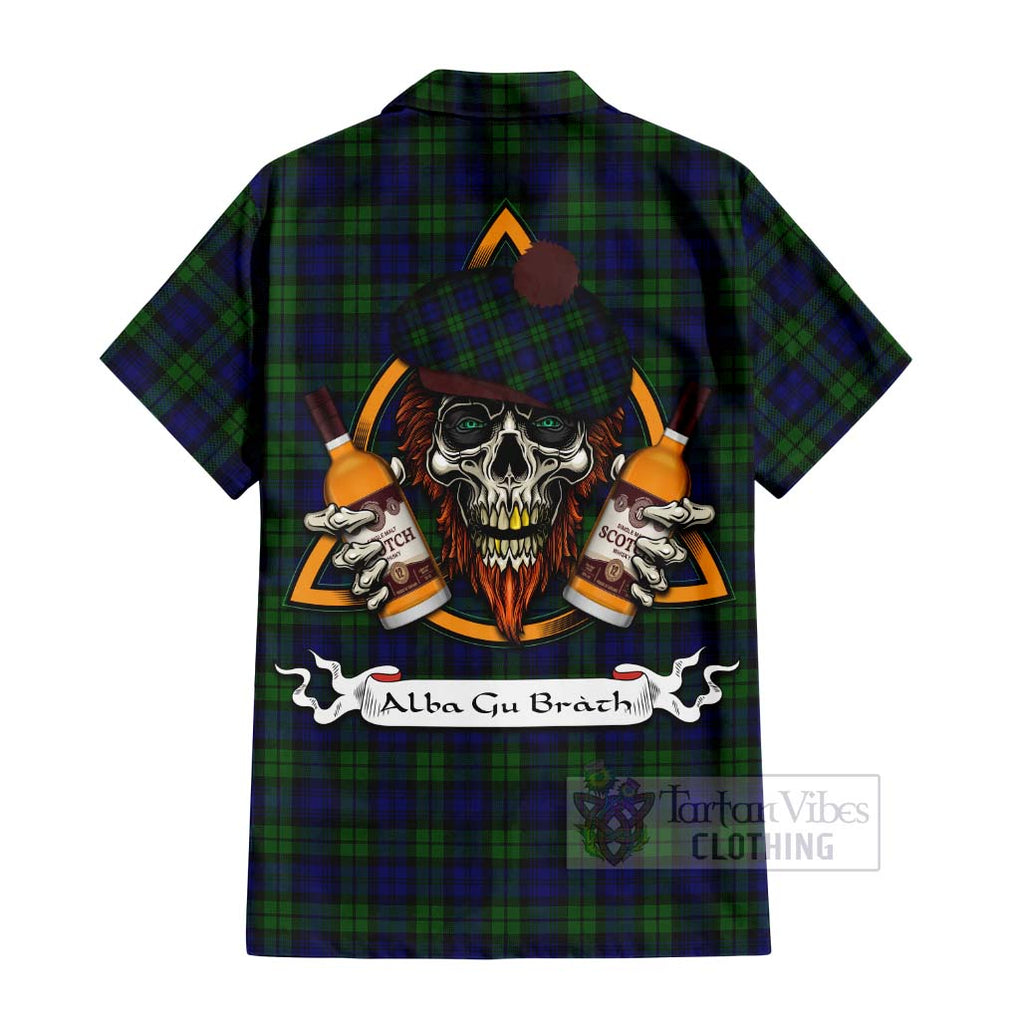 Tartan Vibes Clothing Campbell Tartan Short Sleeve Button Shirt with Family Crest and Bearded Skull Holding Bottles of Whiskey