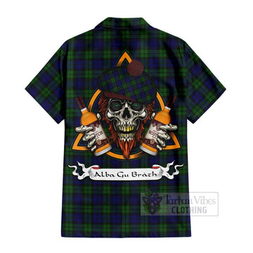 Campbell Tartan Short Sleeve Button Shirt with Family Crest and Bearded Skull Holding Bottles of Whiskey