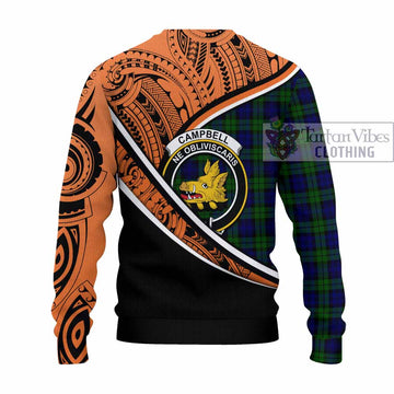 Campbell Crest Tartan Knitted Sweater with Polynesian Vibes Style - Orange Version