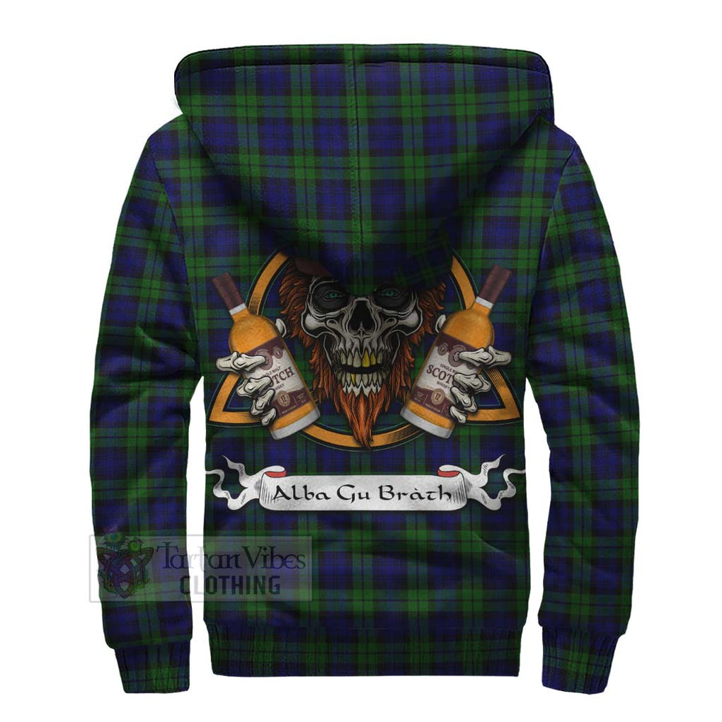 Tartan Vibes Clothing Campbell Tartan Sherpa Hoodie with Family Crest and Bearded Skull Holding Bottles of Whiskey