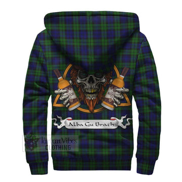 Campbell Tartan Sherpa Hoodie with Family Crest and Bearded Skull Holding Bottles of Whiskey