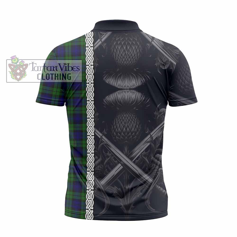 Tartan Vibes Clothing Campbell Tartan Zipper Polo Shirt with Family Crest Cross Sword Thistle Celtic Vibes