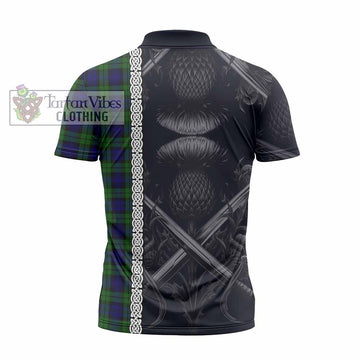 Campbell Tartan Zipper Polo Shirt with Family Crest Cross Sword Thistle Celtic Vibes