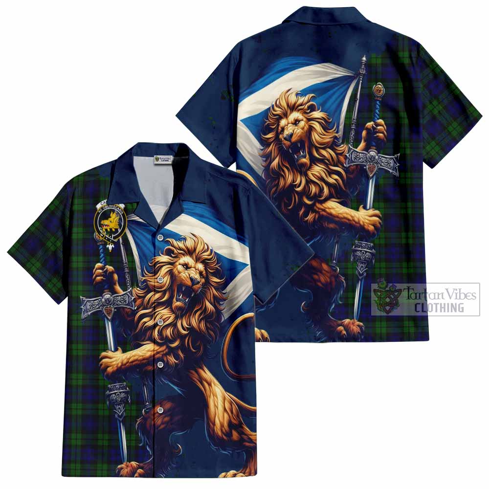 Tartan Vibes Clothing Campbell Tartan Family Crest Short Sleeve Button Shirt with Scottish Majestic Lion