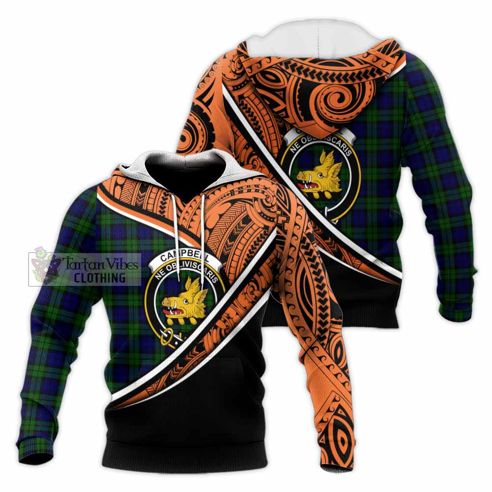 Tartan Vibes Clothing Campbell Crest Tartan Knitted Hoodie with Maori Tattoo Style - Orange Version