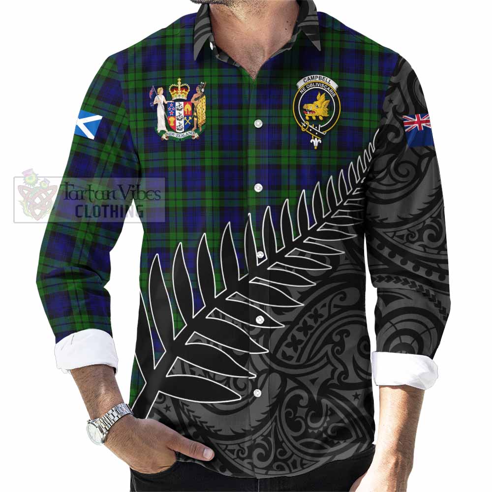 Tartan Vibes Clothing Campbell Crest Tartan Long Sleeve Button Shirt with New Zealand Silver Fern Half Style