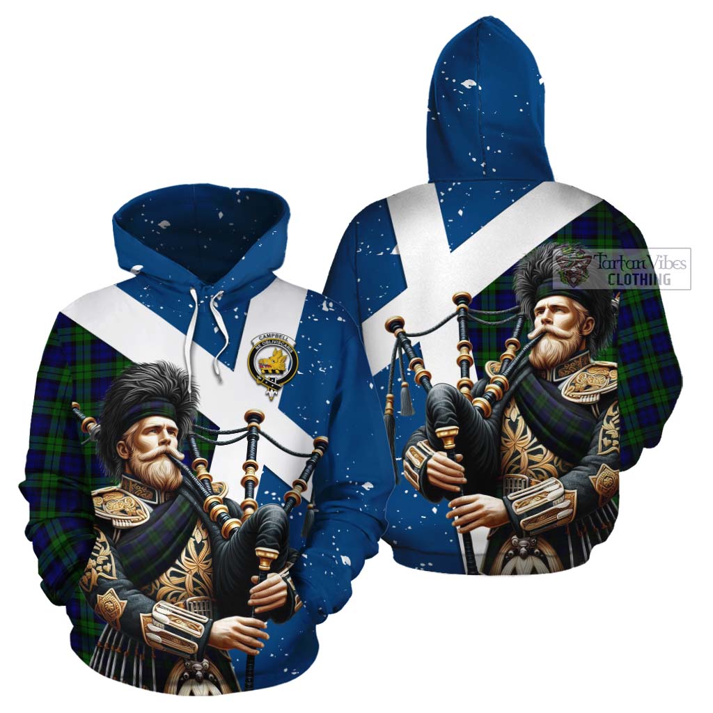 Tartan Vibes Clothing Campbell Tartan Cotton Hoodie with Family Crest Scottish Bagpiper Vibes