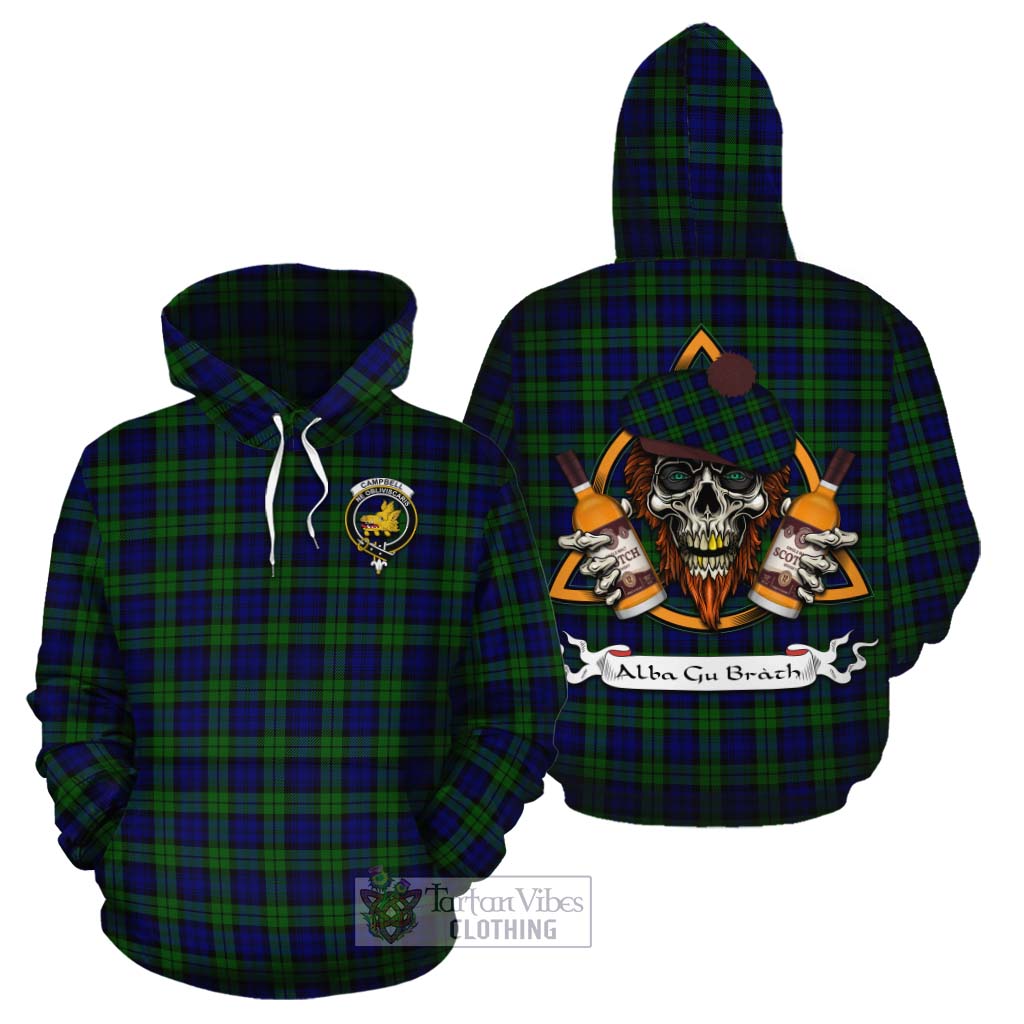 Tartan Vibes Clothing Campbell Tartan Cotton Hoodie with Family Crest and Bearded Skull Holding Bottles of Whiskey