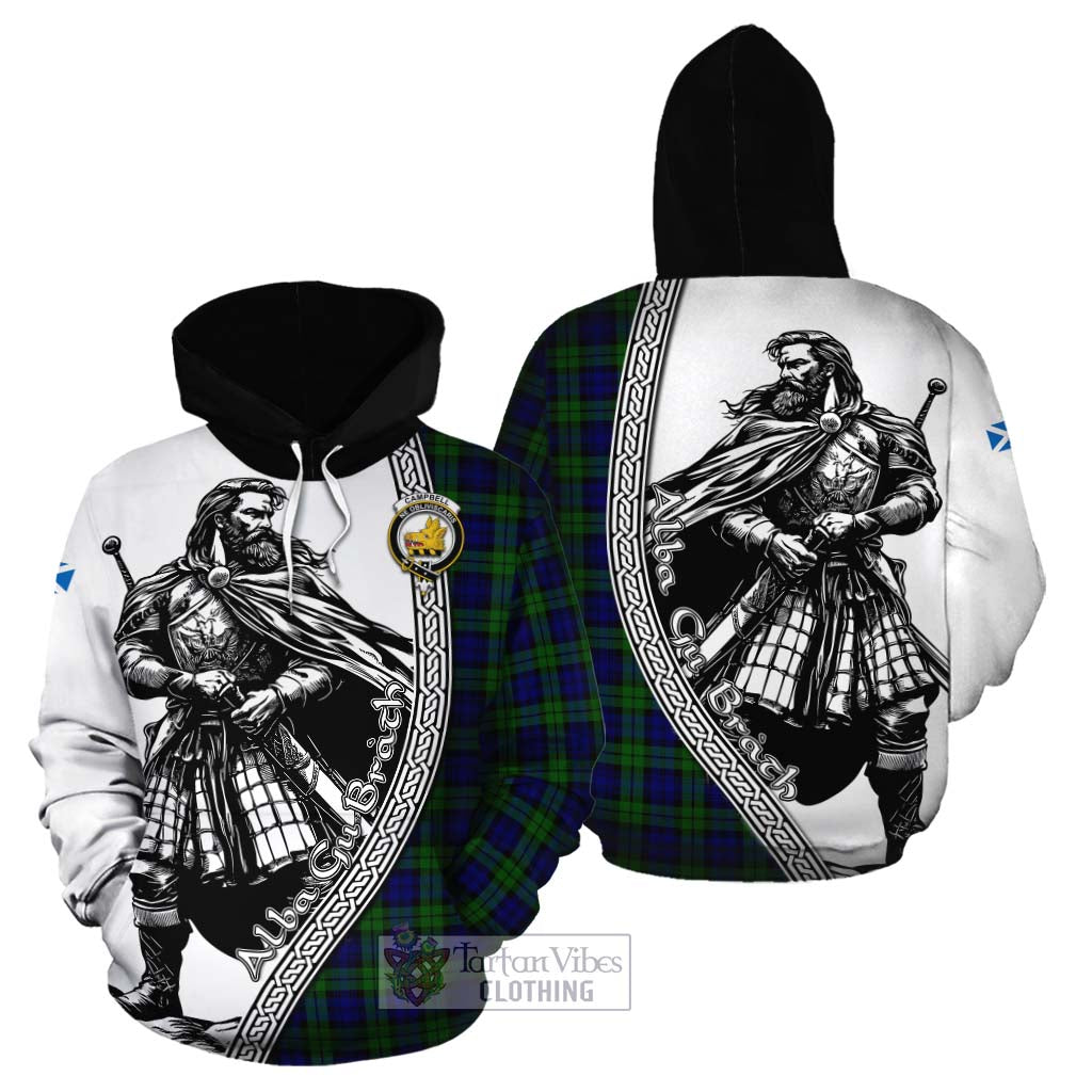 Tartan Vibes Clothing Campbell Tartan Clan Crest Cotton Hoodie with Highlander Warrior Celtic Style